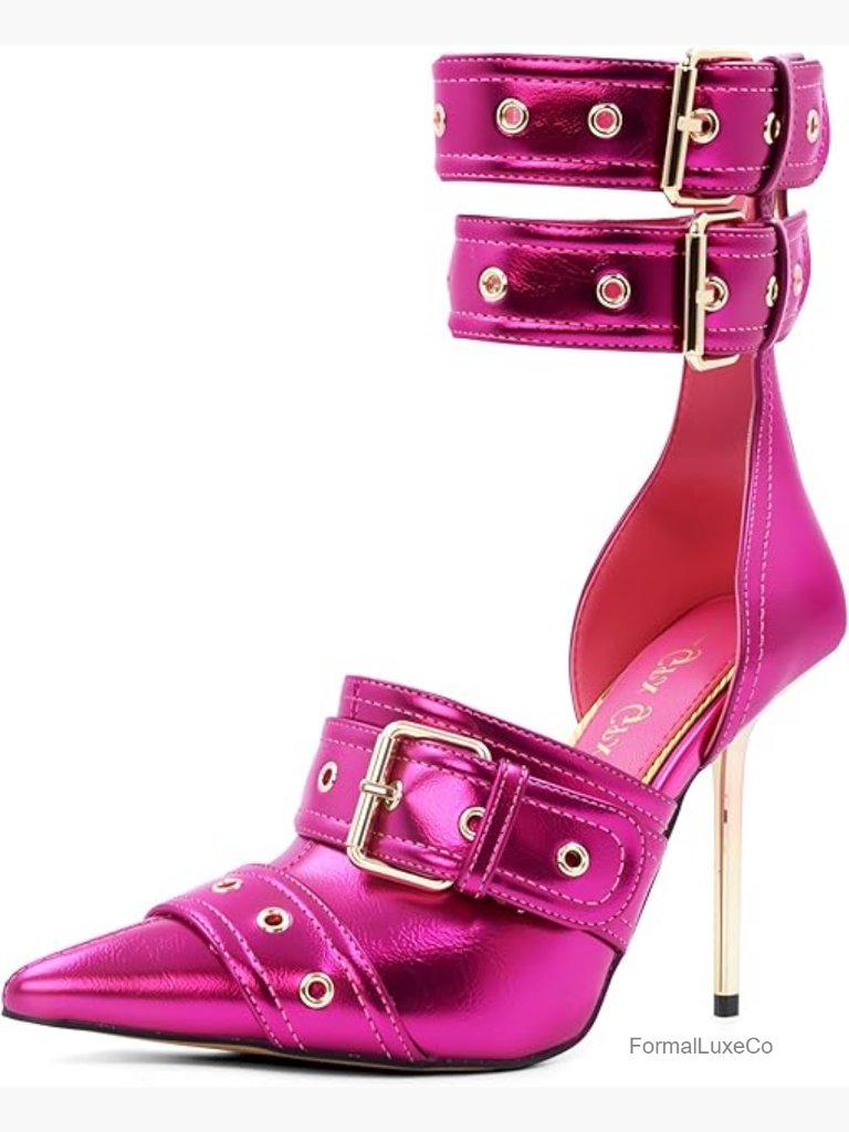 Women's Pointed Toe Pumps Gold Heels Ankle Strap Stiletto High Heels Metal